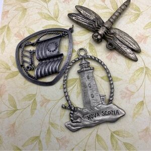 Bundle Of 3 Pewter Ornaments Pendants Lighthouse Dragonfly 1776 Flag